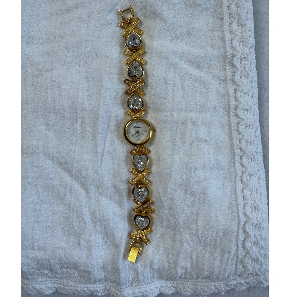 Vintage Reflections Women 7.25in Bracelet Watch Gold Heart Crystal X Links
